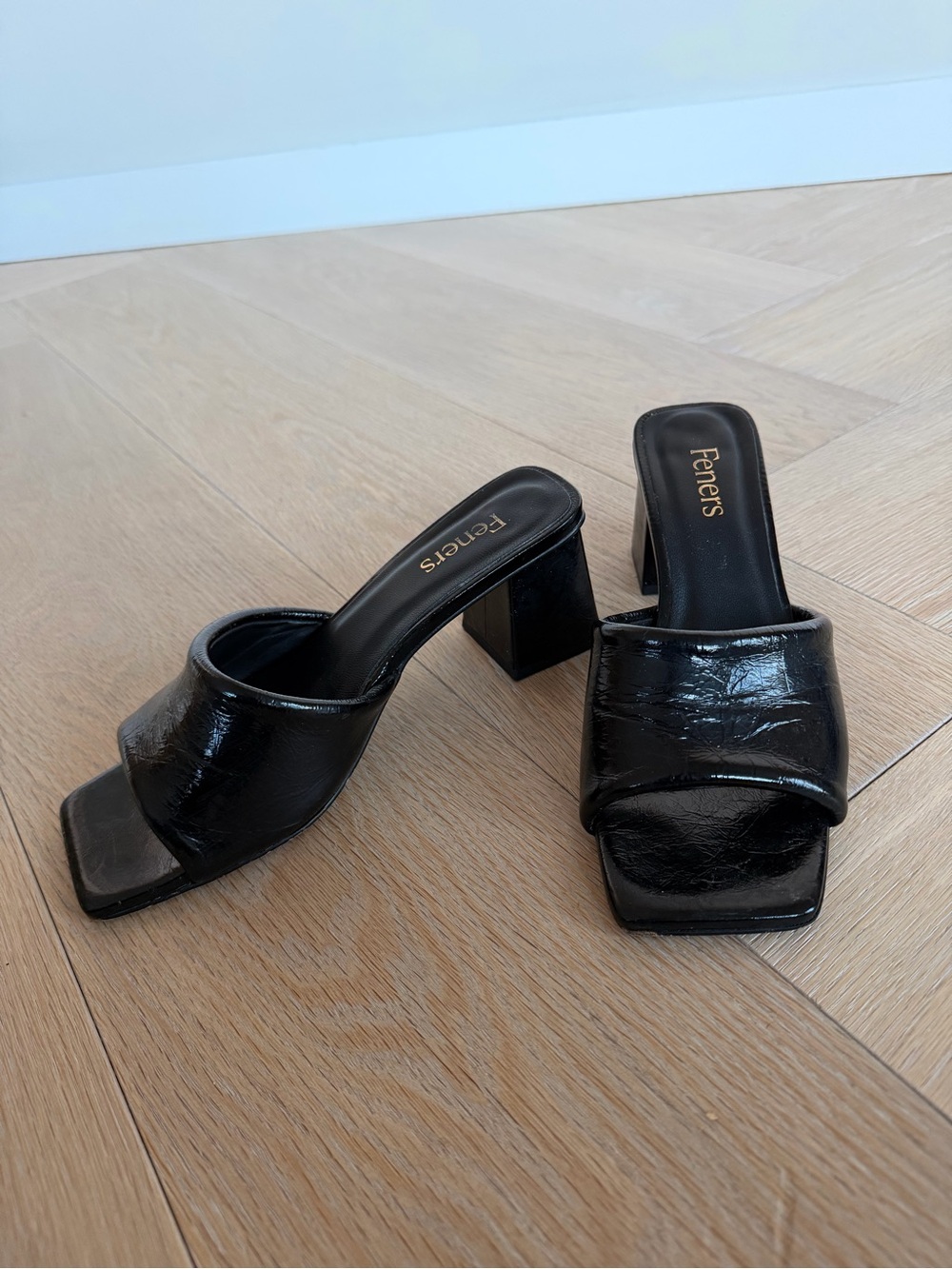 Feners Black Patent Leather Block Heel Mules